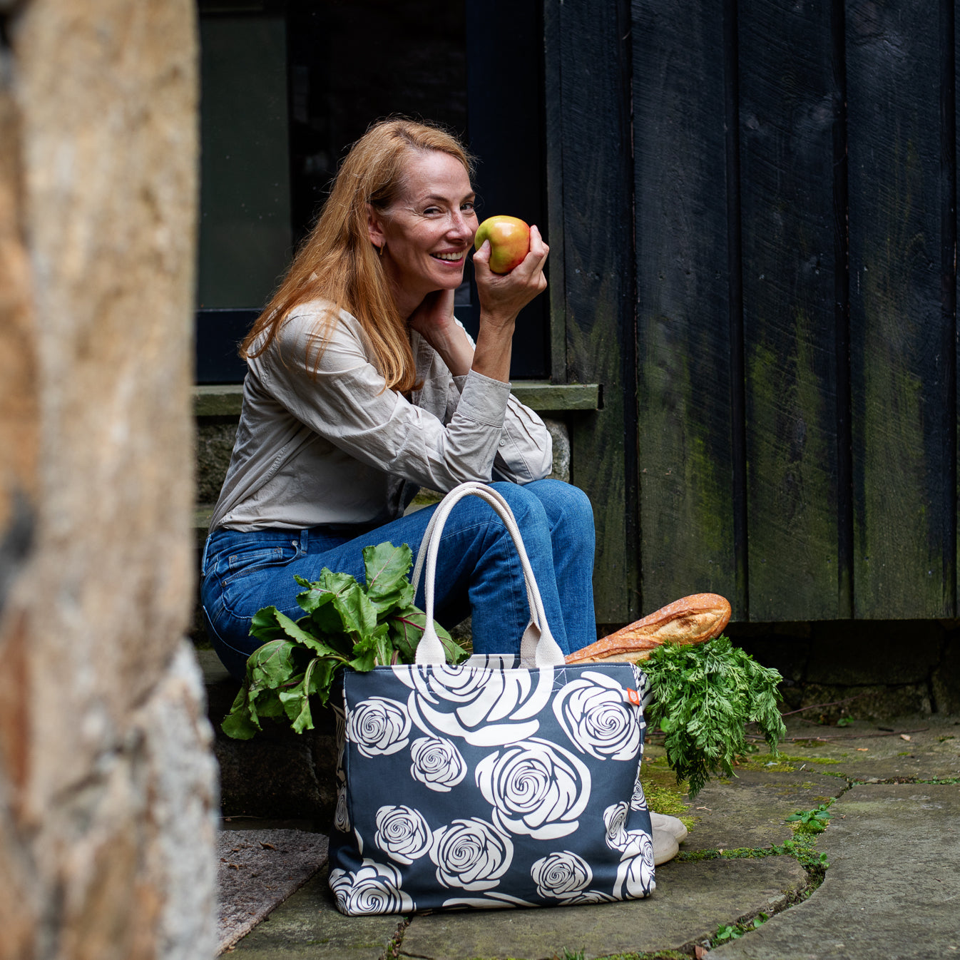The FOREVER Beach Tote, Rosa Rugosa in Indigo