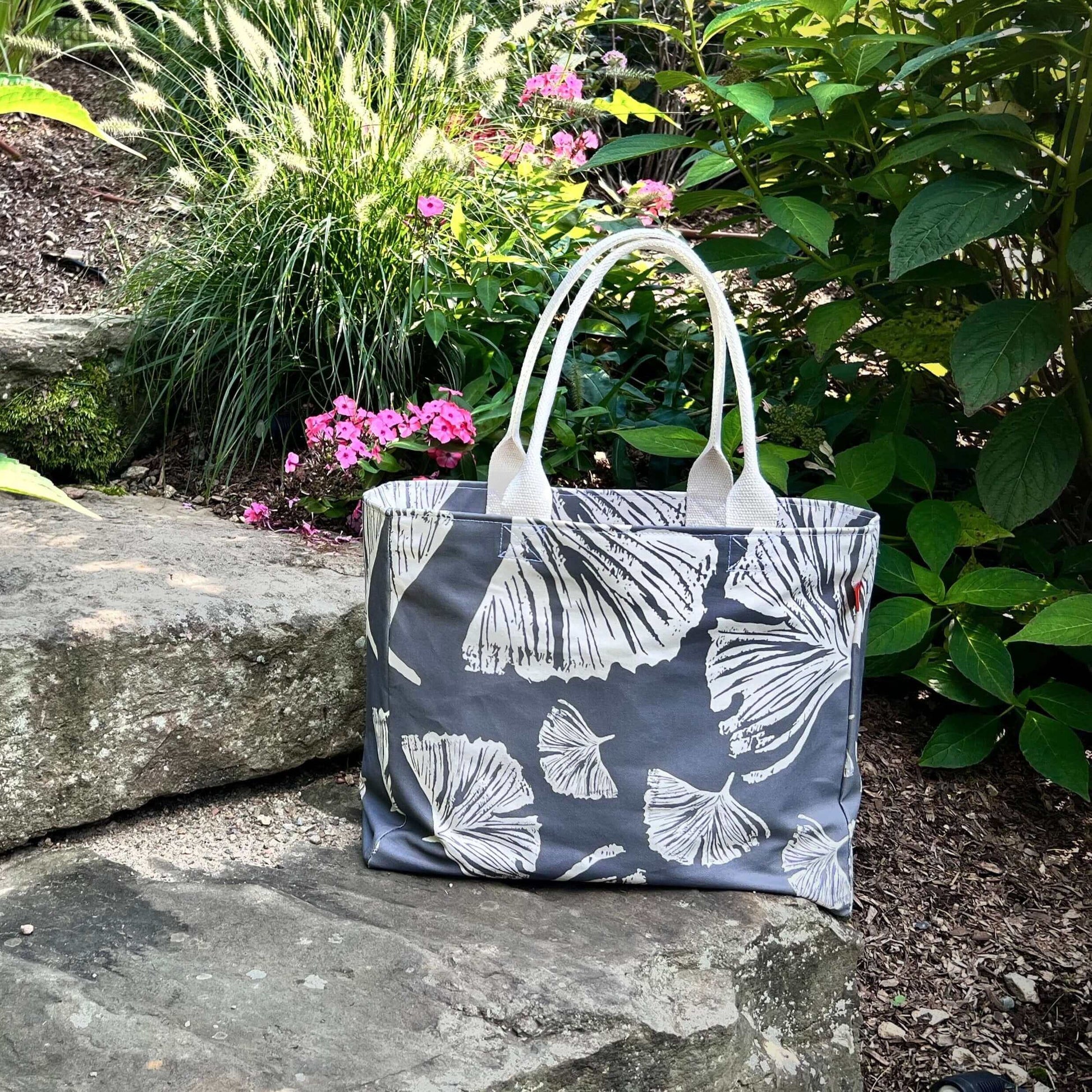 Grey and Ivory Ginkgo pattern canvas tote bag