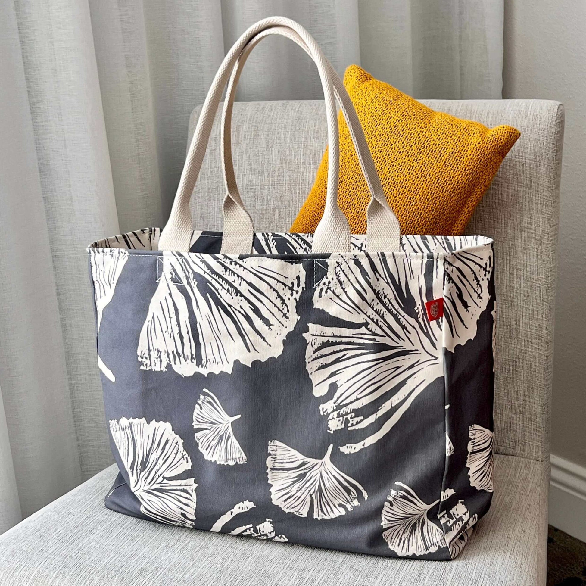 Grey and Ivory Ginkgo pattern canvas tote bag